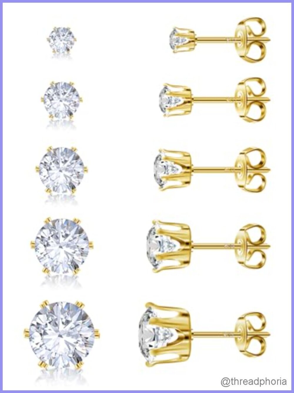 925 Sterling Silver Stud Earrings 5 Pairs Hypoallergenic 18K Gold Cubic Zirconia